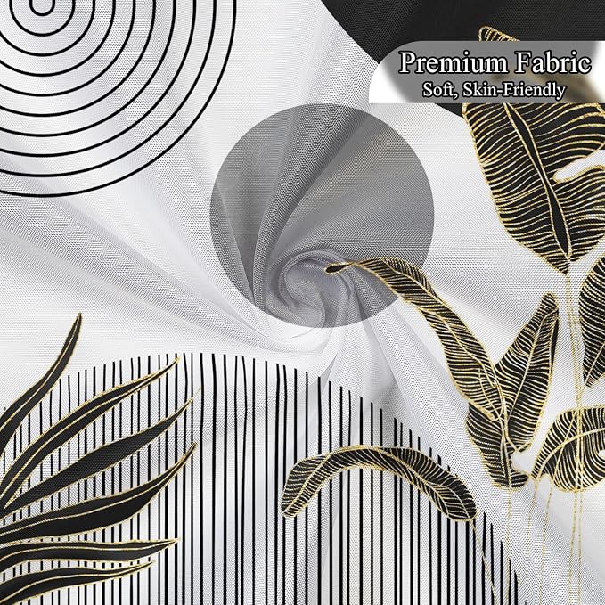 Mid Century Boho Shower Curtain, Abstract Modern Sun Minimalist Aesthetic Shower Curtain, Bohemian Geometric Arch Curve Leaves Neutral Art Fabric Bathroom Curtains Black 48x72 inch