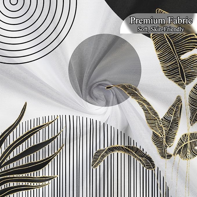 Mid Century Boho Shower Curtain, Abstract Modern Sun Minimalist Aesthetic Shower Curtain, Bohemian Geometric Arch Curve Leaves Neutral Art Fabric Bathroom Curtains Black 72x84 inch