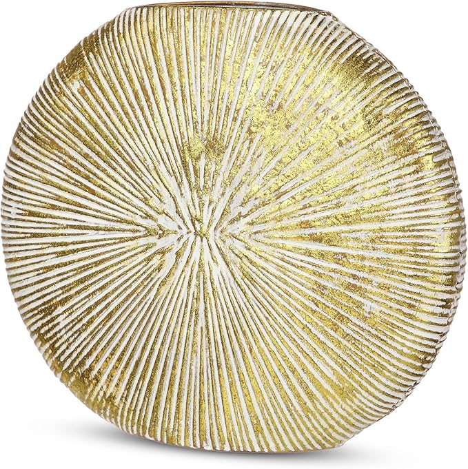 Gold Metal Vase for Home Decor – 11.4" x 10.2" Modern Decorative Vase for Pampas Grass, Artificial Flowers & Dried Bouquets – Elegant Textured Flower Vase for Living Room, Bedroom & Office