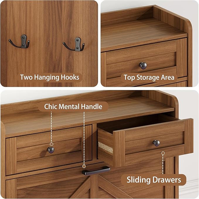 Shoe Cabinet with 2 Flip Drawers & 2 Top Drawers, 43" Tall Freestanding Narrow Wooden Shoe Storage Organizer for Entryway, Hidden Slim Shoe Rack for Front Door Entrance, Hallway, Living Room, Walnut