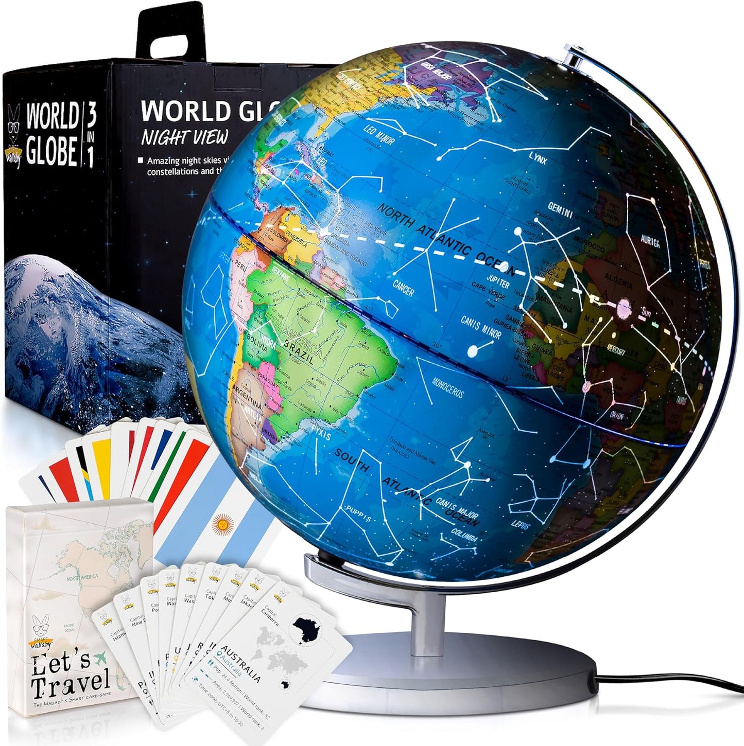 Smart Wallaby 9" Illuminated Kids World Globe - Interactive STEM Flags & Card Game, LED Night Light