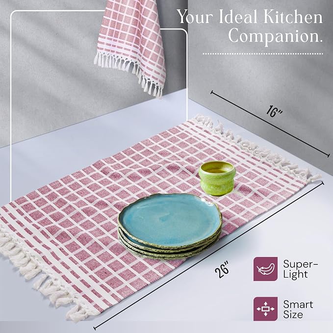 Matrix Dobby Kitchen Towels 4 Pack 100% Cotton, 16x26 Inches, Decorative Tea Towels with Handmade Tassels, Absorbent Reusable Dish Cloths for Kitchen Drying - Burgundy Wine, Natural