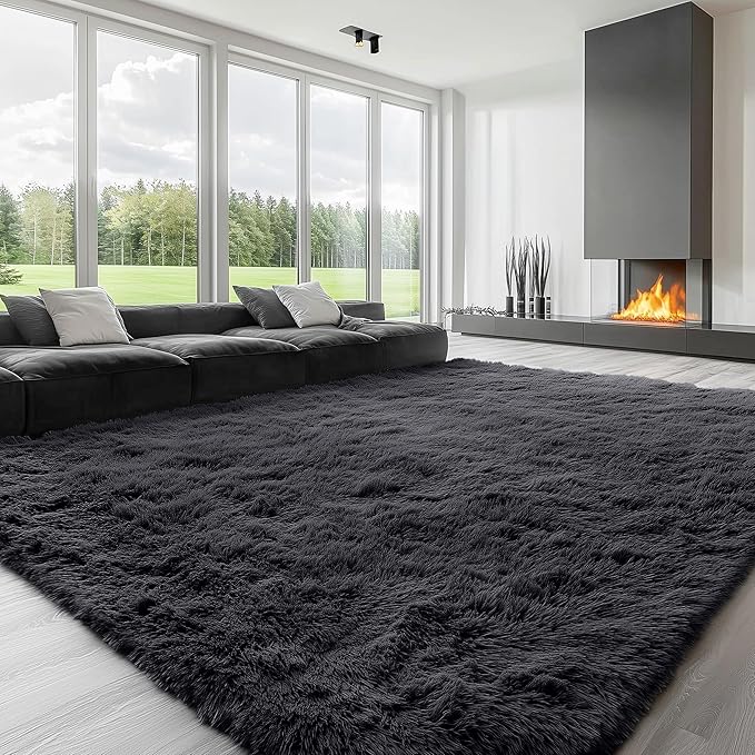 OLANLY 8x8 Machine Washable Large Area Rugs for Living Room, Bedroom, Soft Fluffy Shaggy Bedside Rug, Indoor Floor Carpet for Kids Girls and Boys, Dorms, Nursery, Home Decor Aesthetic, Black