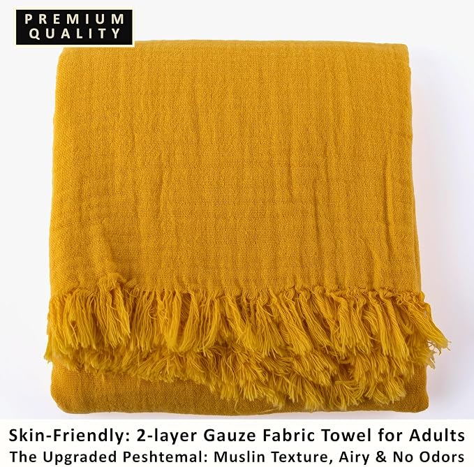 PÜSKÜL - Premium 2-Piece Oversized Muslin Bath Towel for Adult 35x70 Extra Large Bath Sheets | Natural 100% Turkish Cotton Soft Absorbent Quick-Dry Thin Spa & Beach Towels (Pack of 2, Mustard Yellow)