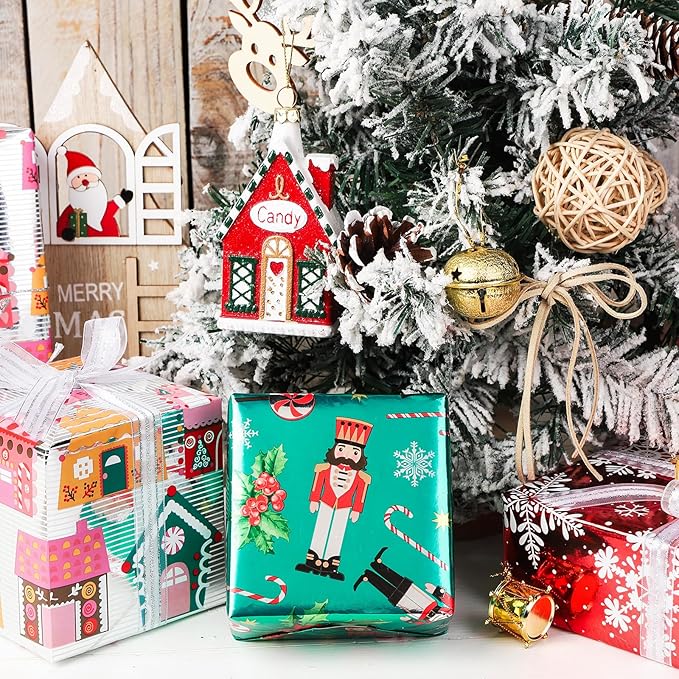 LeZakaa Christmas Wrapping Paper Mini Roll, Nutcracker Snowflake Gingerbread House Design Metallic Foil Holiday Gift Wrap, Arts Craft, for Xmas Winter Party, 17 x 120 inches, 3 Rolls