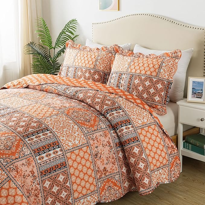 HoneiLife Vintage Quilt Sets Queen - 3 Pieces Microfiber Quilt Sets Lightweight Bedspreads Floral Coverlets Retro Bed Cover All Season Quilts-Pumpkin