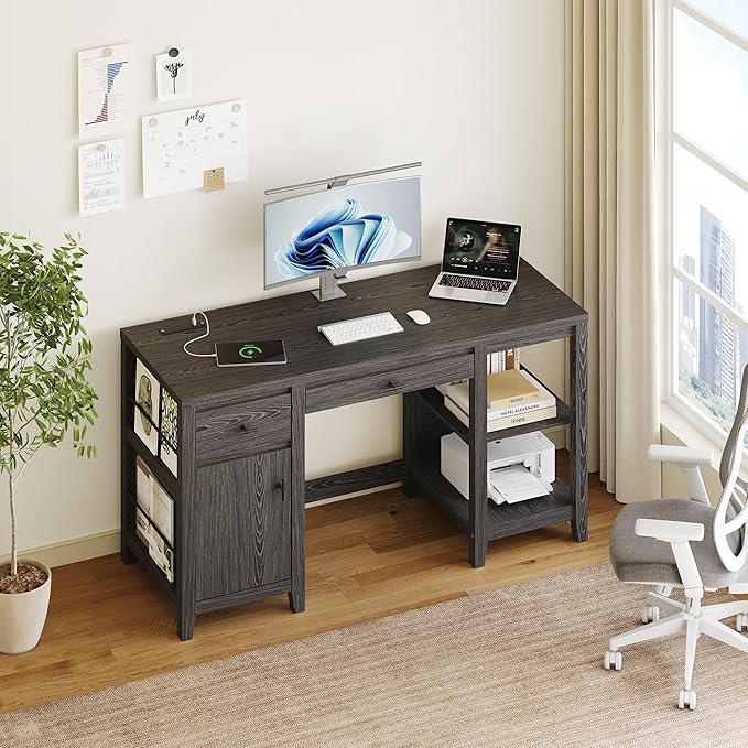 58" Executive Desk with Foldable Keyboard Tray and Charging Station, Farmhouse Wood Home Office Desk with Drawers and Magazine Rack, Large Writing Computer Desk for Home Office and Study, Black