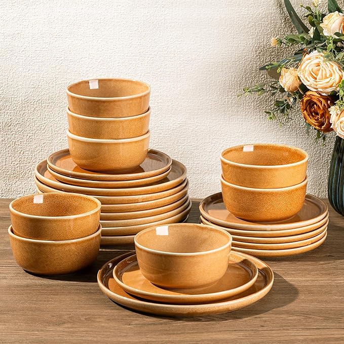 GBHOME Ceramic Dinnerware Sets for 8, 24 Pieces Stoneware Plates and Bowls Sets, Scratch Resistant Dishes, Dishwasher & Microwave Safe, Reactive Glaze-Amber