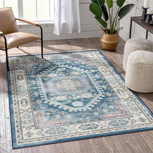 vivorug 4x6 Rug, Small Area Rug for Living Room, Bedroom, Kitchen, Machine Washable Non-Slip Throw Rug, Vintage Distressed Medallion Carpet for Entryway Nursery Dinner Room - Durable (Blue)