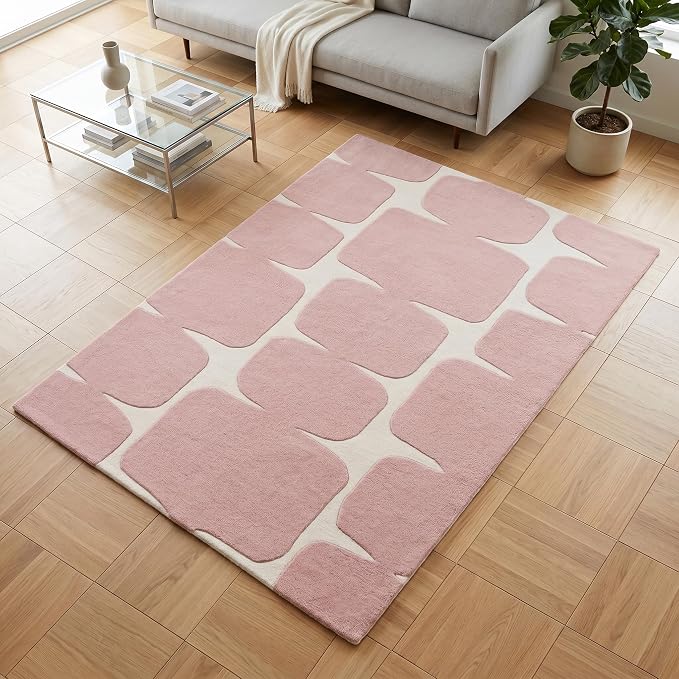 Restoration and Renovation Modern Wool Area Rug - Contemporary Abstract Geometric Design, Thick & Soft Hand-Tufted Carpet - Ideal for Indoor Decor in Living Room, Bedroom (Pink, 5' Round)