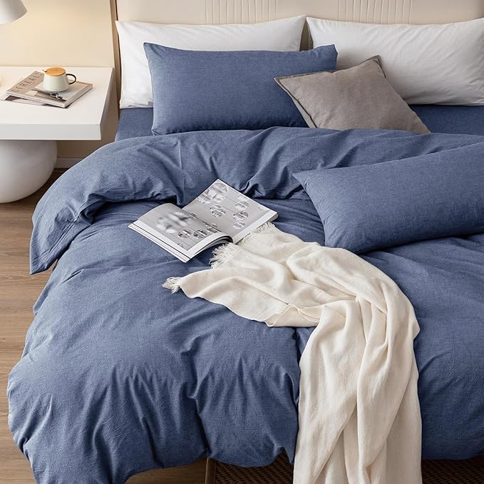 JIYUAN 100% Washed Cotton Duvet Cover Set 3 Pieces Queen, 1 Duvet Cover 90x90 Inches(Comforter Not Included) and 2 Pillowcases,Linen Like Comfy and Breathable,Heathered Blue
