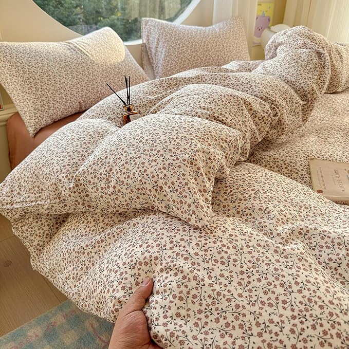 LifeTB Muslin Cotton Duvet Cover Set Twin Size Vintage Floral Duvet Cover Ultra Soft Breathable Comforter Cover Chic Flower Bedding Set Linen Feel Textured Gauze Comforter Cover with Zipper Closure