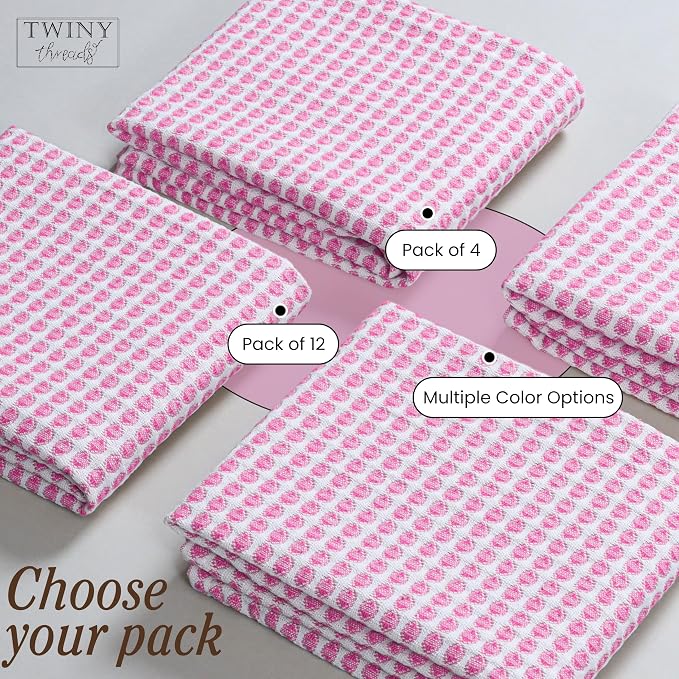 TWINY threads Circle Waffle Kitchen Dish Towels 4 Pack, 16x26 Inch, 100% Cotton, Absorbent, Lightweight, Quick Drying, Multi Purpose Wash Rags, Suitable for Crafting, Embroidery, Household, Baby Pink