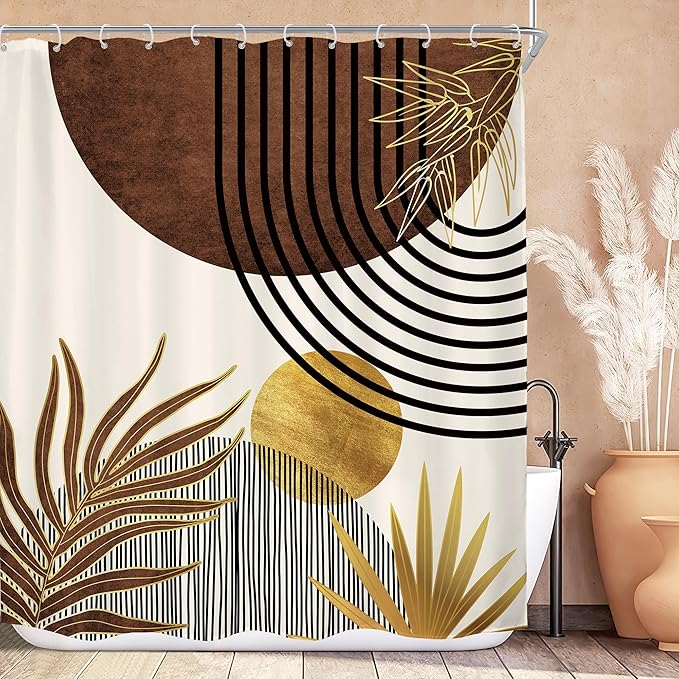 KOMLLEX Mid Century Brown Boho Shower Curtain for Bathroom Decor 72Wx78H Inches Abstract Modern Retro Tan Gold Minimalist Arch Vintage Geometric Fabric Waterproof Polyester 12 Pack Hooks Pack Hooks