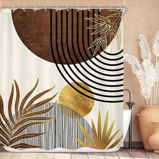 KOMLLEX Mid Century Brown Boho Shower Curtain for Bathroom Decor 72Wx78H Inches Abstract Modern Retro Tan Gold Minimalist Arch Vintage Geometric Fabric Waterproof Polyester 12 Pack Hooks Pack Hooks