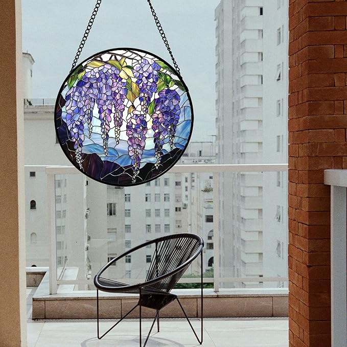 Stained Glass Window Hanging, Purple Wisteria Flowers Suncatcher for Doors Window Home Plant Sun Catchers Decoration Mother's Day Birthday Gifts for Women, Men, and Mom 6.3x6.3 in