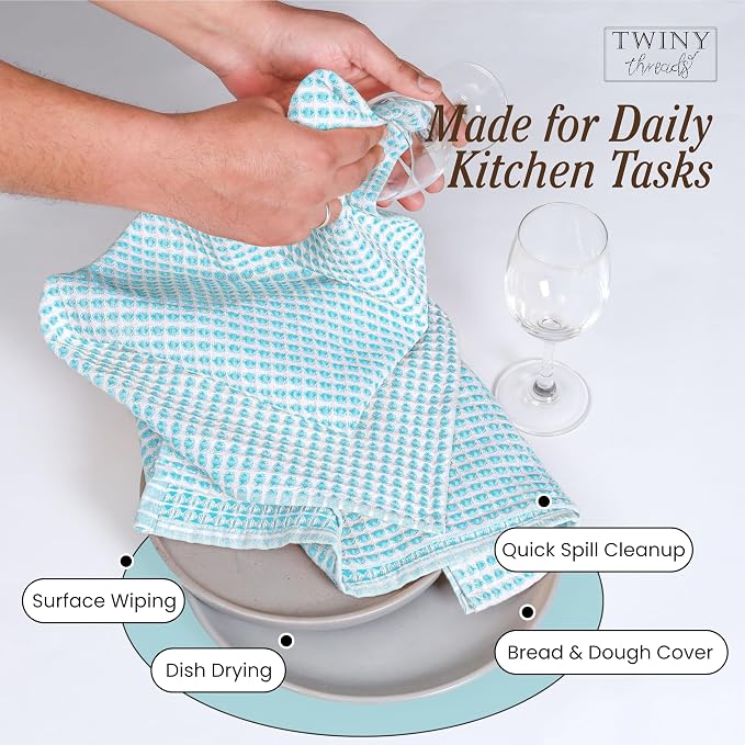 TWINY threads Circle Waffle Dish Towels 4 Pack, 16x26 Inches, 100% Cotton, Soft, Absorbent, Quick Dry, Everyday Wash Rags, Suitable for Glass Cleaning, Drying Dishes, Kitchen Essentials, Water Blue
