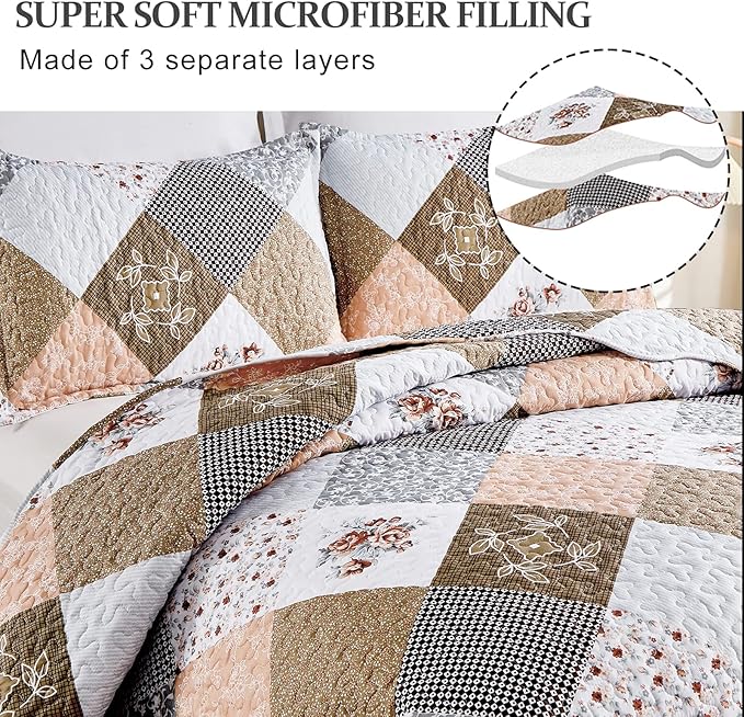 Dinjoy Floral Plaid Patchwork Quilt Set Queen Size, Reversible Brown Bedding Set Soft Microfiber Lightweight Bedspread Coverlet 3 Piece Fall Autumn Summer Use (90x90 inches)