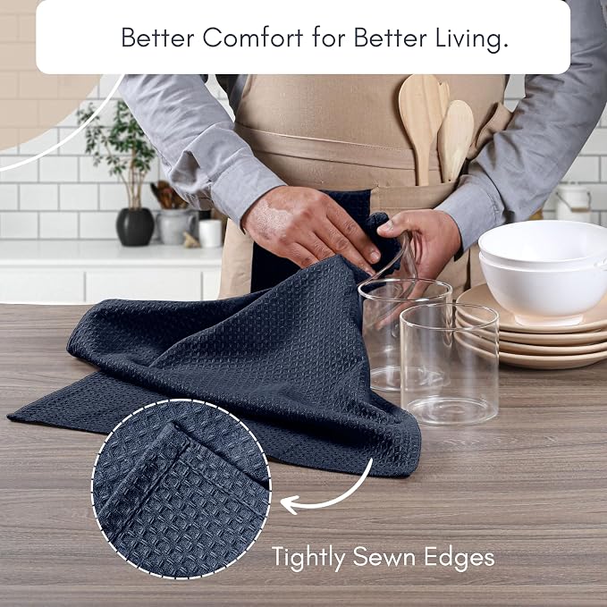 TWINY threads 100% Cotton Kitchen Towels (Set of 12) - Ultra Absorbent Waffle Weave Dish Towels with Hanging Loop - Quick Dry, Tea & Bar Towels for Cooking, Quick Drying - 16x26 Inch, Navy Blue
