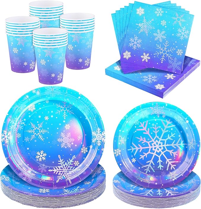 96 Pieces Frozen Iridescent Winter Snowflake Birthday Party Supplies Snowflake Tableware Set Disposable Paper Plates Cups Napkins Serve 24 Guests for Christmas Winter Wonderland Decorations