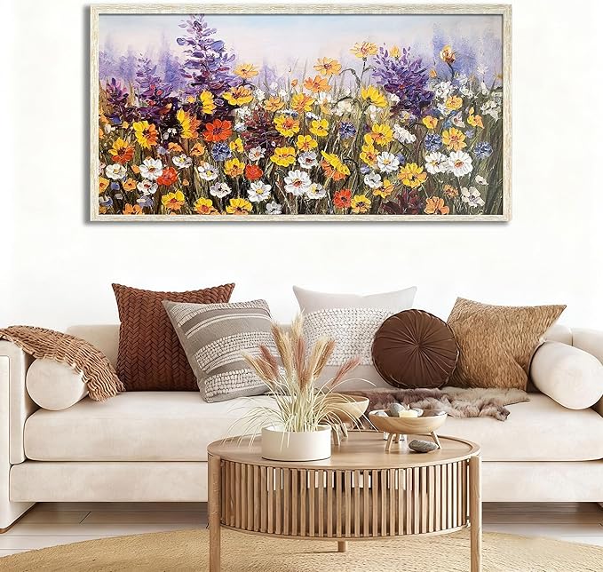 Ardemy Wildflower Wall Art Canvas Living Room Framed Daisy Floral Large Colorful Pictures Wall Decor Textured Purple Paintings Artwork for Walls Bedroom Home Office, 58"x29"