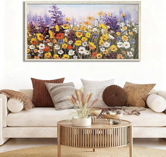 Ardemy Wildflower Wall Art Canvas Living Room Framed Daisy Floral Large Colorful Pictures Wall Decor Textured Purple Paintings Artwork for Walls Bedroom Home Office, 58"x29"