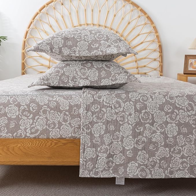 FADFAY Rose Sheets Set King Vintage Curry Floral Bedding Shabby Farmhouse Bedding Super Soft Washed Double -Layer Muslin Sheets Luxury 100% Cotton Breathable Deep Pocket Fitted Sheet 4Pcs, King Size