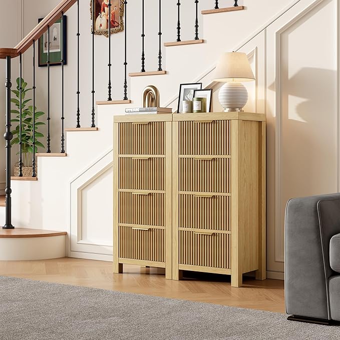 Modern 8-Drawer Solid Wood Dresser with Fluted Front & Gold Handles, Multifunctional Tall Storage Chest, for Hallway, Entryway, Natural X2