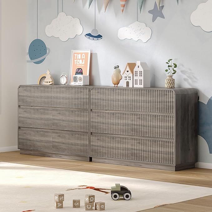 Dresser for Bedroom with 6 Drawers, Fluted Chest of Drawers with Round Curved Corner, Hidden Handles, Modern Wood Storage Organizer for Bedroom, Nursery, Living Room