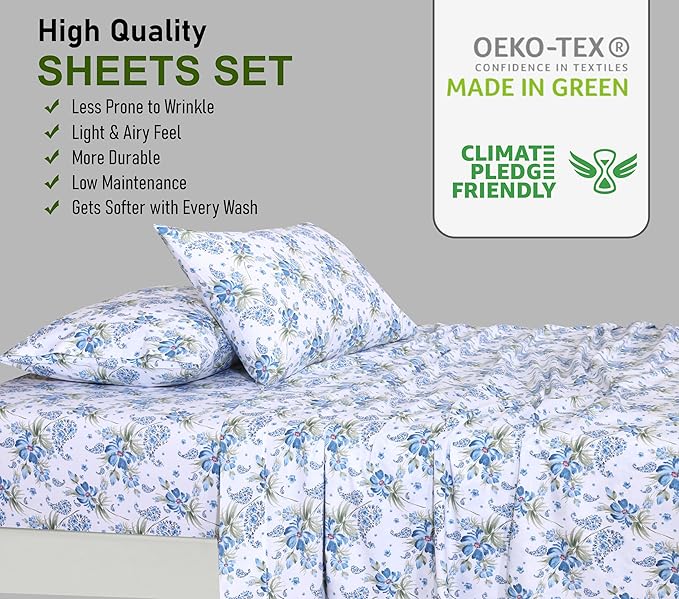 RUVANTI 100% Cotton Split King Sheets Sets for Adjustable Bed, 5 PCs, Soft & Breathable Percale Weave Bedding, Deep Pocket 16", Hotel Standard, Crisp Cool Feel & Durable, Floral Sheet, Paislyona