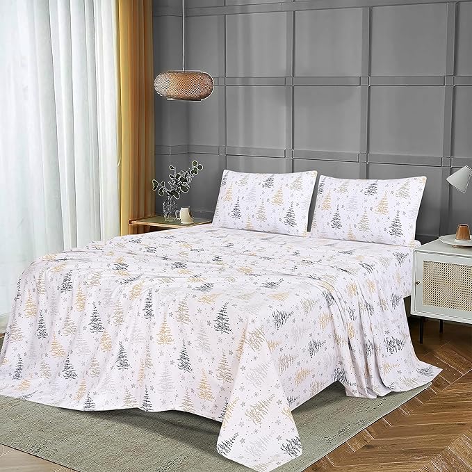 RUVANTI Flannel Sheets Twin Size - 100% Cotton Double Brushed Twin Sheets Set, Deep Pockets 16 Inches, All Seasons Breathable & Extra Soft Bed Sheets, Warm & Cozy, 3 Piece, Christmas Tree