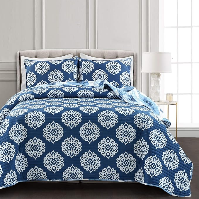 Lush Decor Leah Reversible Floral Quilt Set, 3 Piece Set, Full/ Queen, Navy & White - Watercolor Botanical - Cottage Core - French Country Decor- Bedding Queen Size