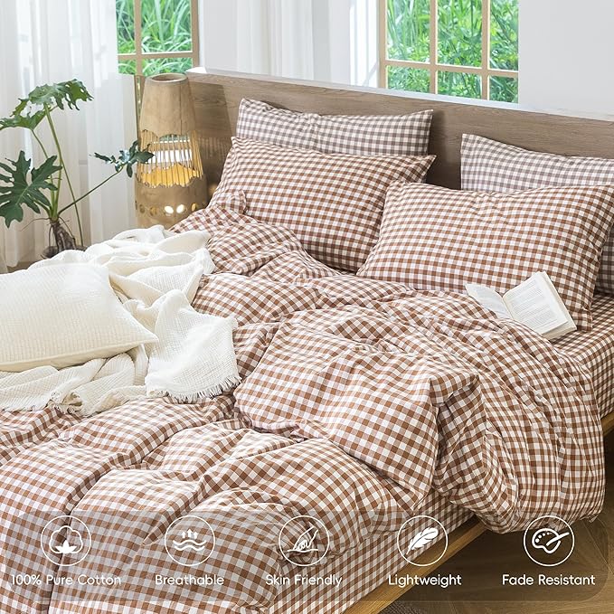 MooMee Gingham Duvet Cover Set 100% Washed Cotton Linen Like Textured Breathable Durable Soft Comfy Modern Checkered Design (Dark Orange Gingham, Full 80"x90")