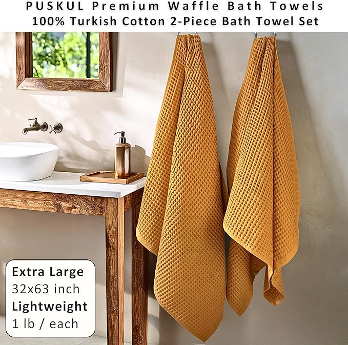 PÜSKÜL Natural 100% Turkish Cotton Waffle Bath Towels Set of 2-Piece | 32x63 Extra Large Absorbent Quick-Dry Lightweight Spa Towel | Luxury Sauna Accessories (Mustard Yellow Bath Towels - Pack of 2)