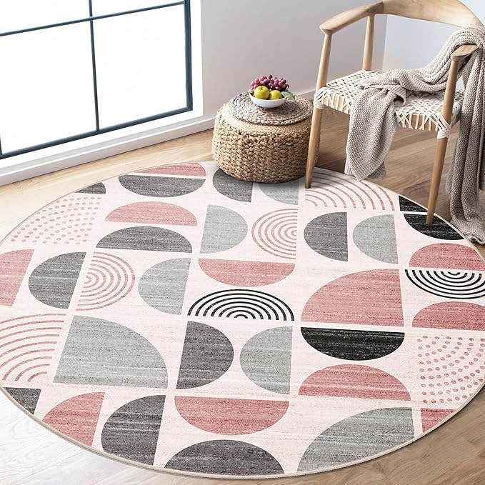 MUJOO Round Rugs 5ft,Circle Area Rug Washable,Circular Rugs for Living Room Dining Room,Boho Non Slip Throw Floor Carpet Modern Abstract Pink and Grey