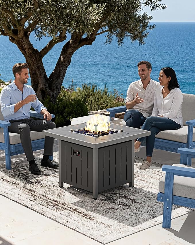 SERWALL 33" Outdoor Fire Pit Table, 50,000 BTU Square Propane Fire Pit Table with Lid, Glass Rock & Glass Wind Guard, HDPE Outdoor Furniture for Patio, Garden, Backyard, Black