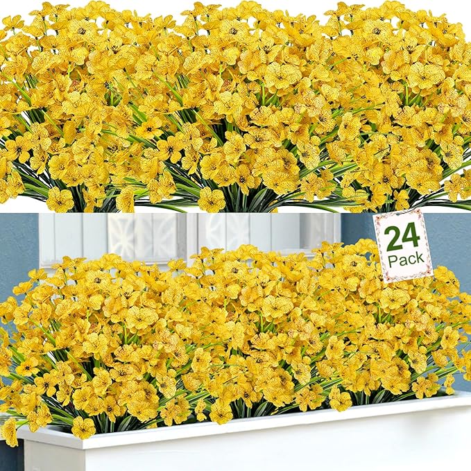 Ouddy Decor 24 Bundles Artificial Flowers for Decorations Fake Silk Plants for Outdoors UV Resistant Faux Plastic Greenery Stems for Garden Porch Window Box Home Spring Decor, Yellow