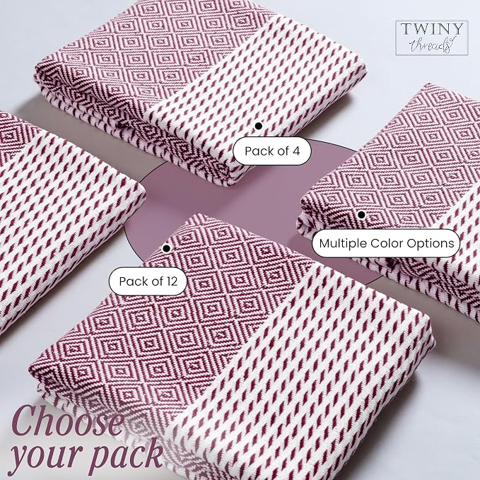 TWINY threads Kitchen Towel Diamond Pattern, Premium Kitchen Linen Set, 100% Cotton Wash Rags, Absorbent Quick Drying Cloths, Washable Reusable Multi Purpose, Set of 4, 18x26 Inches, Burgundy Wine