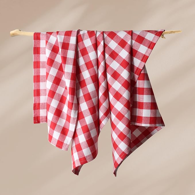 Gingham Check Dish Towels 12 Pack, 18"x26", Absorbent Hand Towels for Kitchen Use, Quick Dry Cloths, 100% Cotton, Durable Washable Rags, Reusable Dishcloth Set - Red, White
