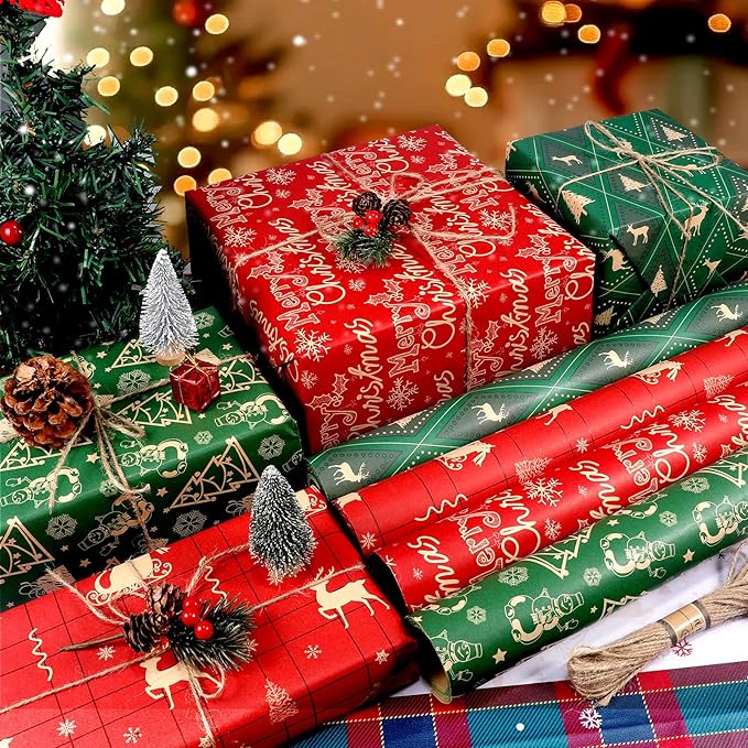 Panigkids Christmas Wrapping Paper Rolls, Red & Green Holiday Gift Wrap Featuring Reindeer, Snowflakes & Christmas Trees (17 inch x 17 ft) 4 Rolls Kraft Gift Wrapping Paper with Jute Twine
