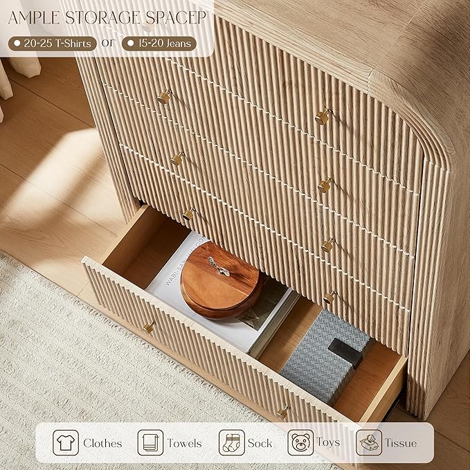 T4TREAM Fluted Dresser with 5 Drawers, 48" Tall Modern Chest of Drawers with Thickened Curved Profile Design, Wood Closet Clothes Storage Organizer for Bedroom, Living Room, Hallway, Natural Oak