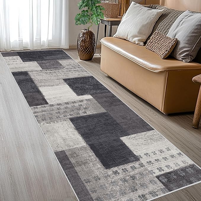 Modern Geometric Patchwork Indoor Runner Rug for Living Room, Charcoal 2.7'x 10' Rug Rockwood Collection Hardwood Floors Decor for Bedroom, Grey Throw Carpet for Office Entryway Dining Room