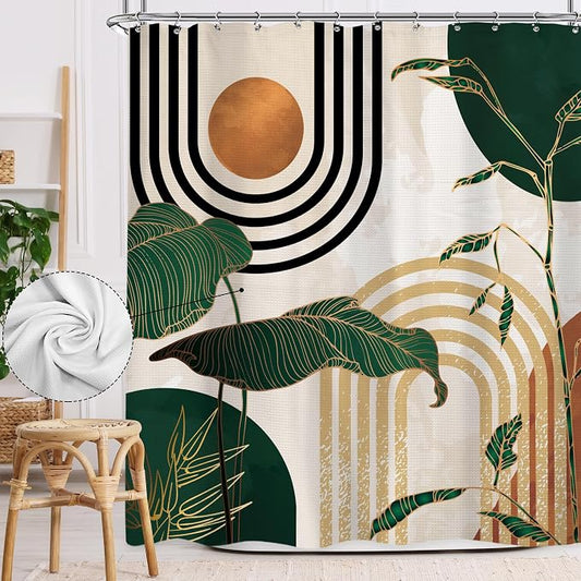 Glawry Waffle Green Shower Curtain Boho Abstract Mid Century Tropical Palm Tree Sun Arch Bathroom Modern Minimalist Aesthetic 72Wx72L Inches Bath Accessories Art Home Decor Fabric 12 Pack Hooks