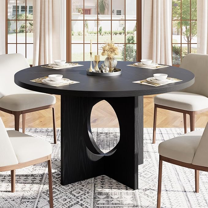 Garvee 47" Round Dining Table for 4-6 People - Circle Kitchen Dinner Table with Sturdy Pedestal Base, Space Saving Dinning Room Furniture for Living Room, Kitchen, Apartment, Black