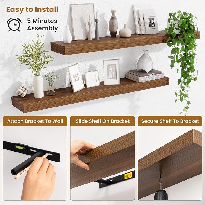 Fun Memories 40 Inch Floating Shelves, Long Wood Wall Shelf Set of 2 with Invisible Brackets, for Bathroom, Living Room, Bedroom, Kitchen, Walnut
