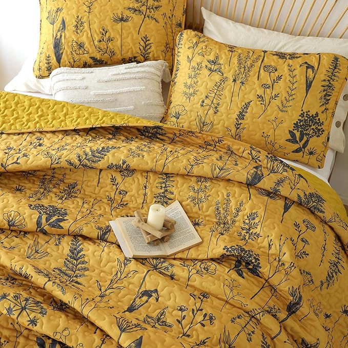 JANZAA King Size Ginger Quilt Bed Spread Boho Quilt Set 3 Pieces Lightweight Comforter Reversible Bedding Set, 1 Quilt 104x90 inches, 2 Pillowcases
