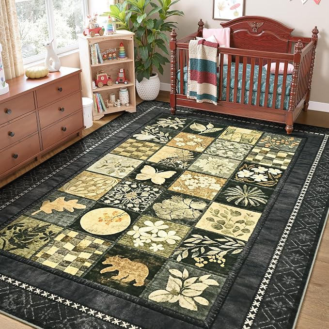 Tepook 5x7 Area Rugs for Living Room, Modern Large Geometric Rug for Bedroom, Washable Patchwork Rug Indoor Non Slip Throw Carpets for Dining Room Office Farmhouse Home Decor, Dark Grey