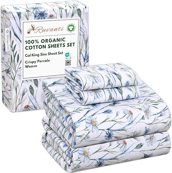 RUVANTI 100% Organic Cotton Sheets California King, Percale Weave, GOTS Certified, 4-Piece Set, Deep Pocket 13", Crisp & Breathable, Soft Durable Bedding, Sábanas Algodón Orgánico – Daisy Bud