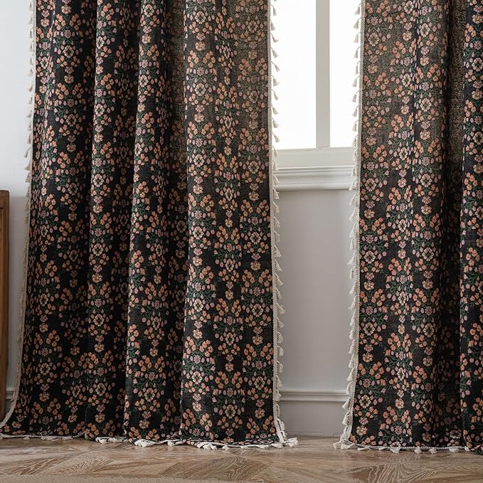 ENJOYBRIDAL Floral 96 Inch Curtains 2 Panel Set Boho Jacquard Drapes Black Living Room Semi Sheer Long Window Curtains Cottagecore Farmhouse Bedroom Chic Decor Rod Pocket Tassel Window Treatments