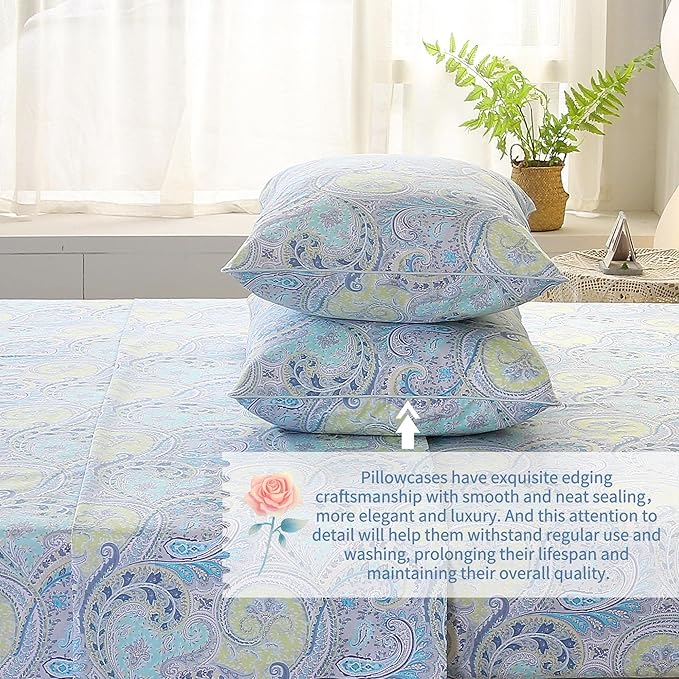 RYNGHIPY Cotton Sheets Floral Print Full Size Sheet Sets Flower Botanical Pattern Egyptian Cotton Bed Sheets Soft and Breathable Deep Pockets (Blue,Full Size)